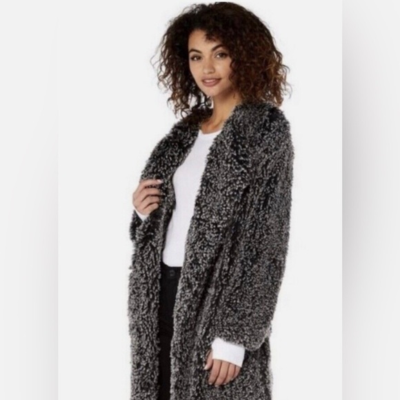 MICHAEL STARS Long Coat Cozy Faux Fur Jacket Gray Black Longline Size Medium - Picture 2 of 16